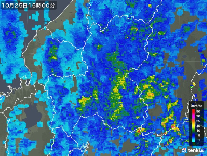 岐阜県の雨雲レーダー(2019年10月25日)