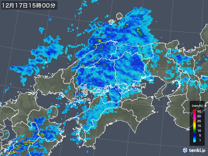 中国地方の雨雲レーダー(2019年12月17日)