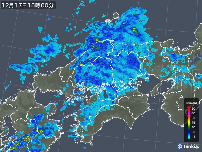 中国地方の雨雲レーダー(2019年12月17日)