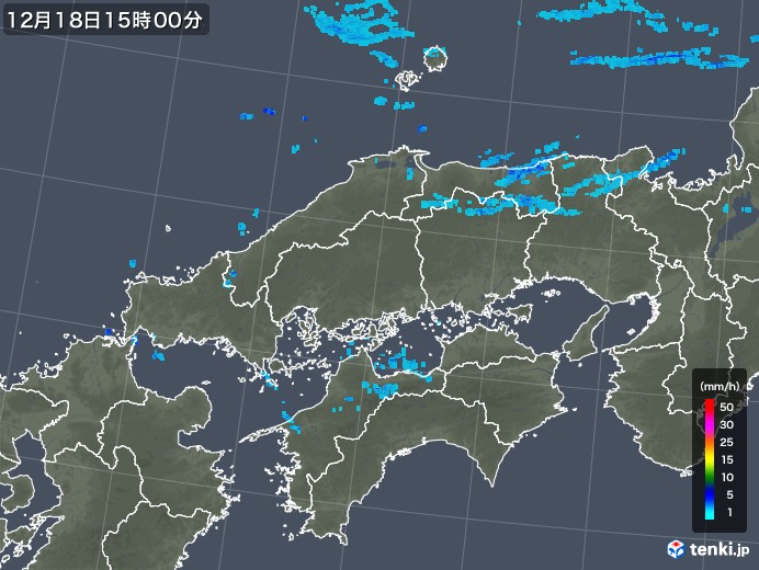 中国地方の雨雲レーダー(2019年12月18日)