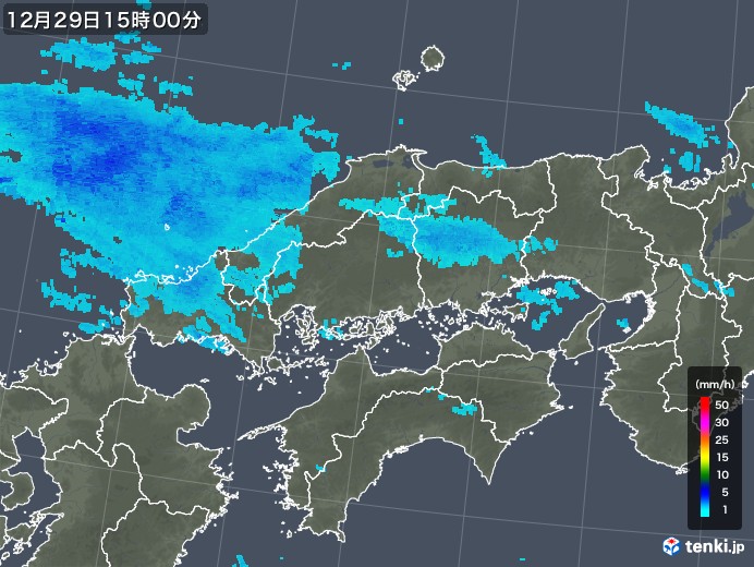 中国地方の雨雲レーダー(2019年12月29日)