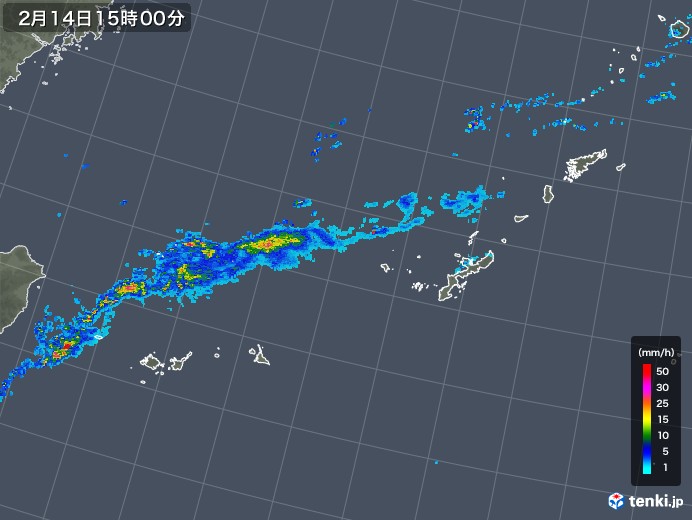 沖縄地方の雨雲レーダー(2020年02月14日)