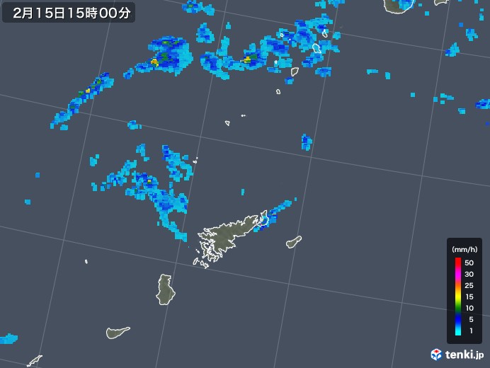奄美諸島(鹿児島県)の雨雲レーダー(2020年02月15日)