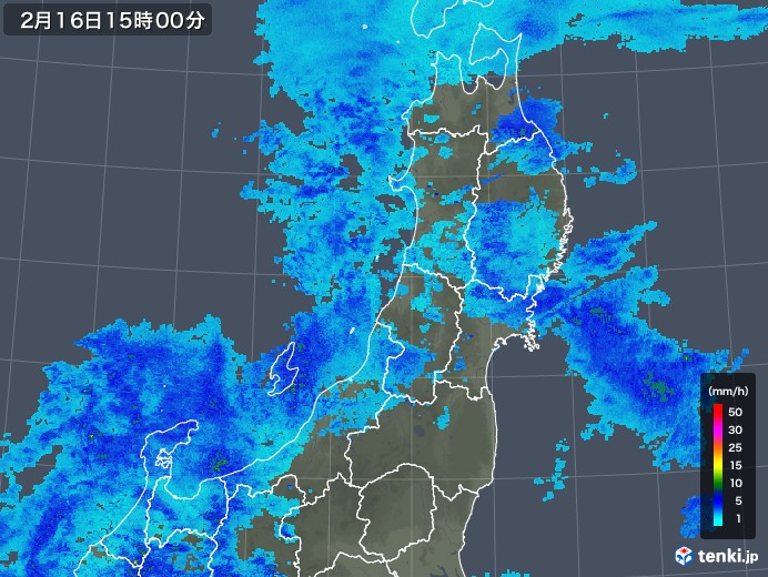 東北地方の雨雲レーダー(2020年02月16日)