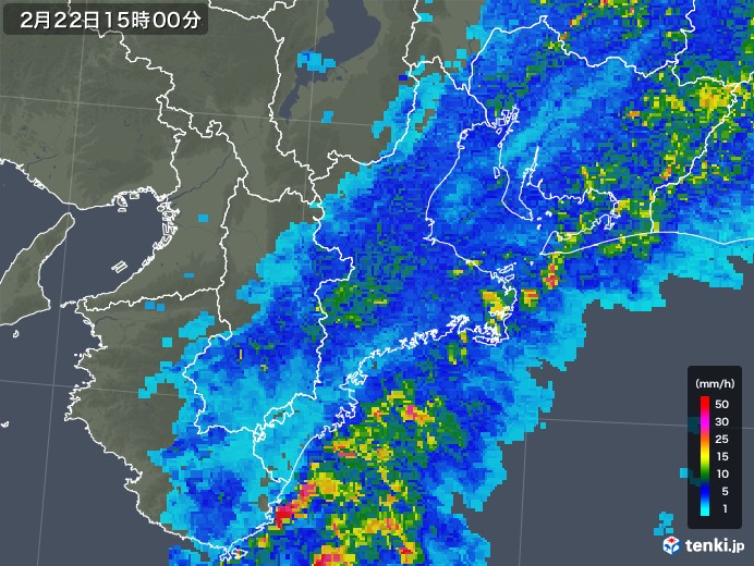 三重県の雨雲レーダー(2020年02月22日)