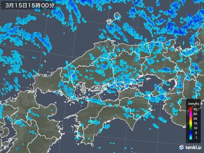 中国地方の雨雲レーダー(2020年03月15日)