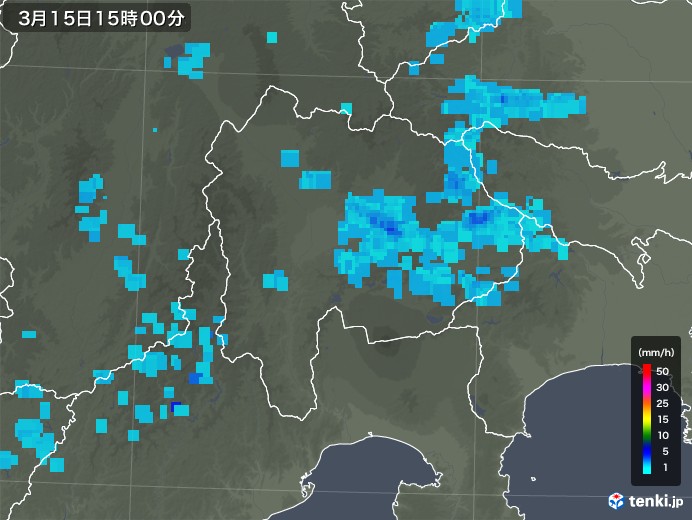山梨県の雨雲レーダー(2020年03月15日)