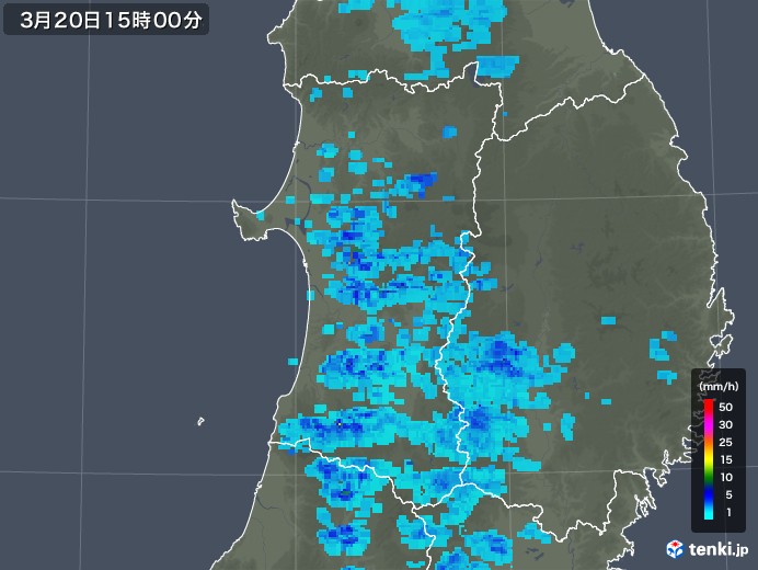 秋田県の雨雲レーダー(2020年03月20日)