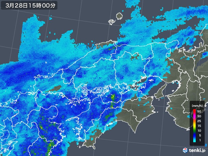 中国地方の雨雲レーダー(2020年03月28日)