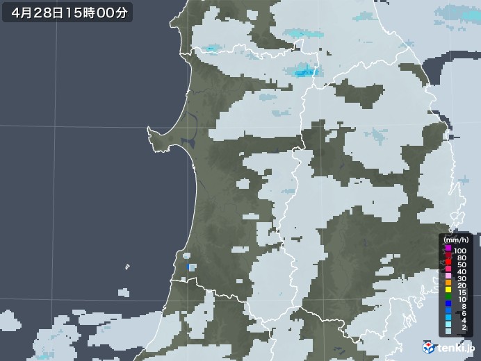 秋田県の雨雲レーダー(2020年04月28日)