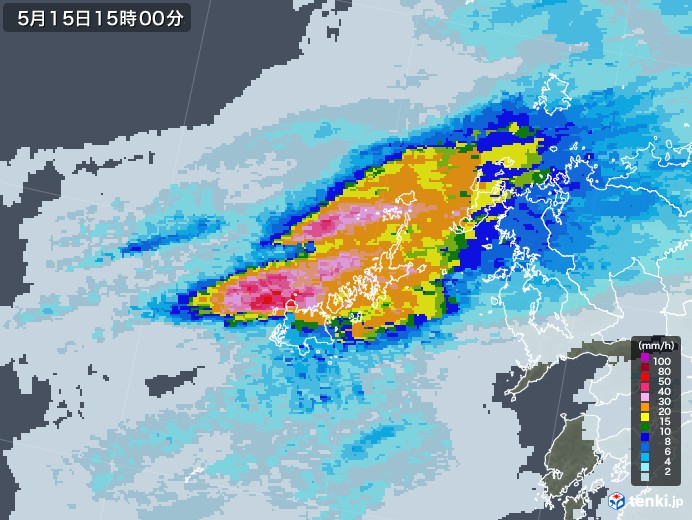 五島列島(長崎県)の雨雲レーダー(2020年05月15日)