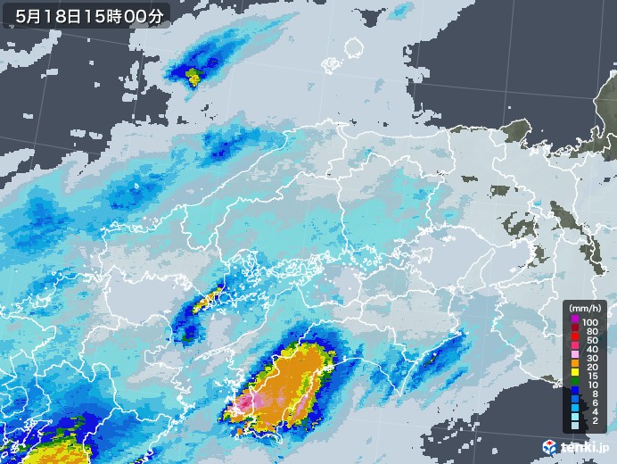 中国地方の雨雲レーダー(2020年05月18日)