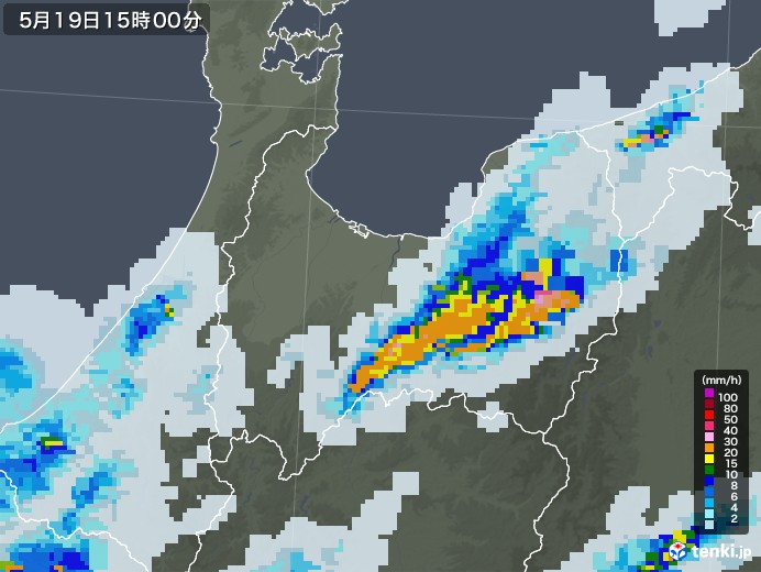 富山県の雨雲レーダー(2020年05月19日)