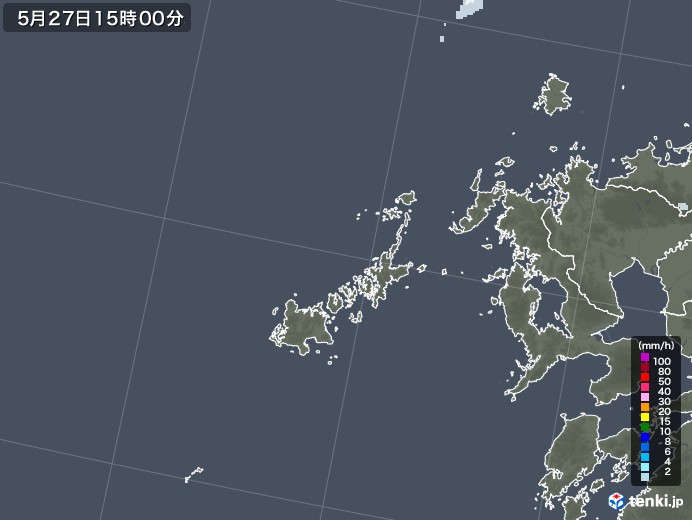 五島列島(長崎県)の雨雲レーダー(2020年05月27日)