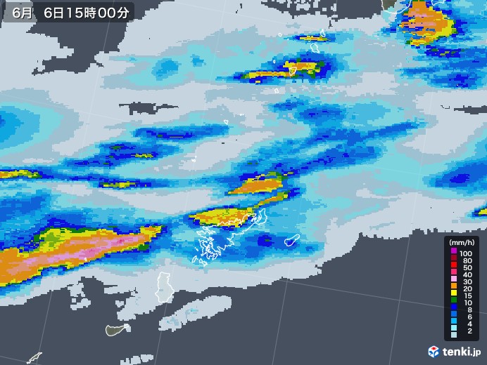 奄美諸島(鹿児島県)の雨雲レーダー(2020年06月06日)