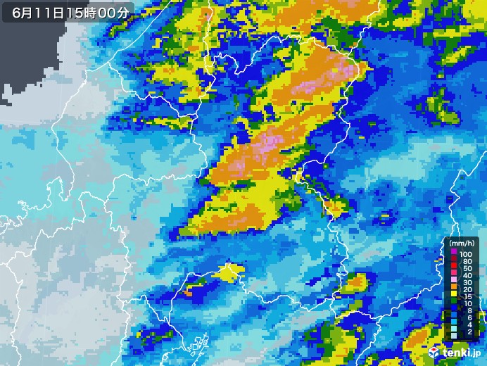 岐阜県の雨雲レーダー(2020年06月11日)