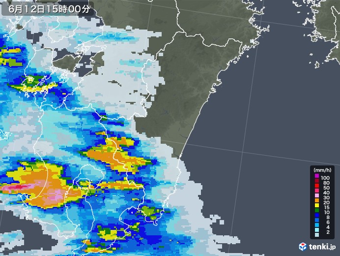 宮崎県の雨雲レーダー(2020年06月12日)
