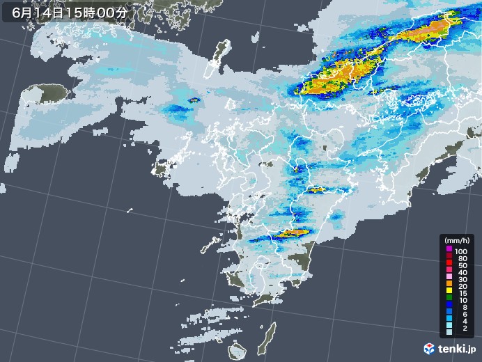 九州地方の雨雲レーダー(2020年06月14日)