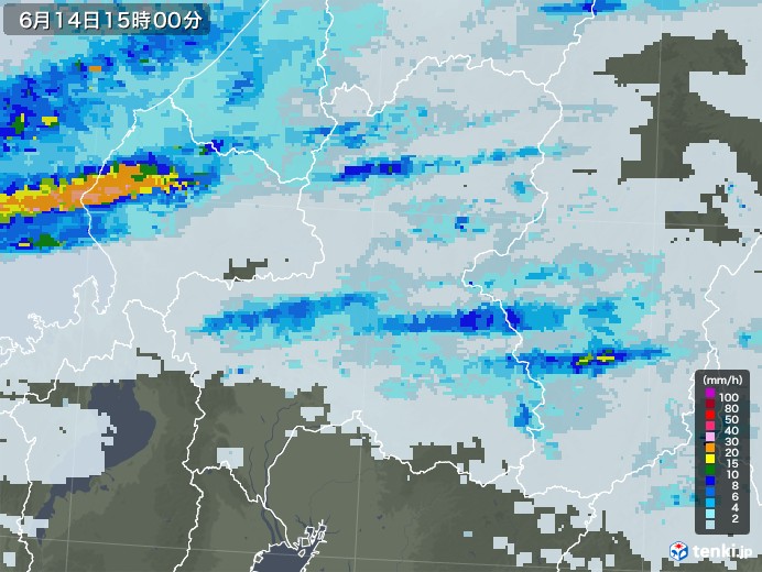 岐阜県の雨雲レーダー(2020年06月14日)