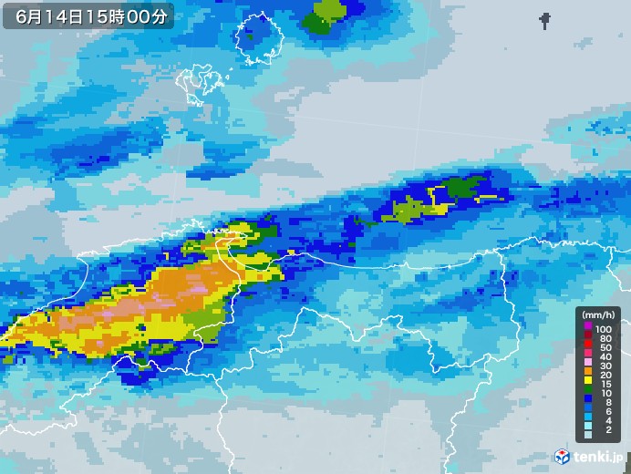 鳥取県の雨雲レーダー(2020年06月14日)