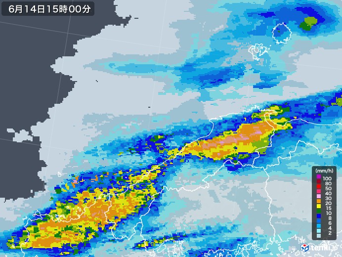 島根県の雨雲レーダー(2020年06月14日)