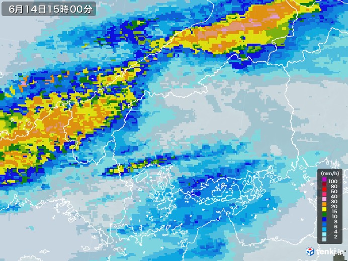 広島県の雨雲レーダー(2020年06月14日)