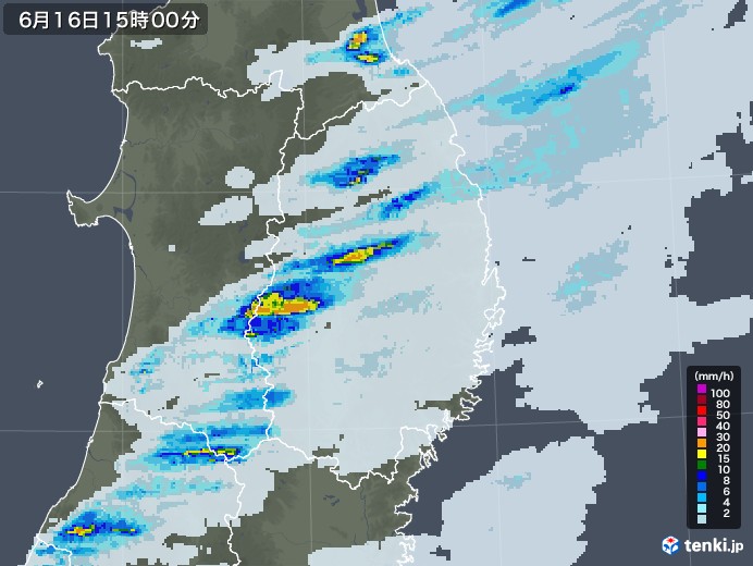 岩手県の雨雲レーダー(2020年06月16日)