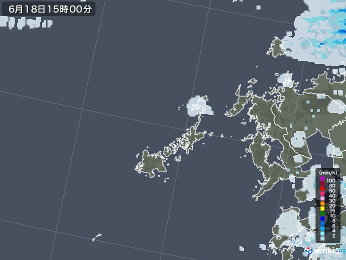 五島列島(長崎県)の雨雲レーダー(2020年06月18日)