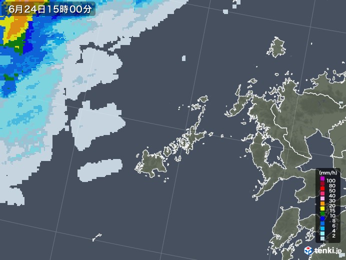 五島列島(長崎県)の雨雲レーダー(2020年06月24日)