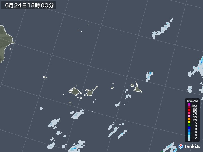 宮古・石垣・与那国(沖縄県)の雨雲レーダー(2020年06月24日)