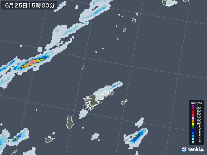 奄美諸島(鹿児島県)の雨雲レーダー(2020年06月25日)