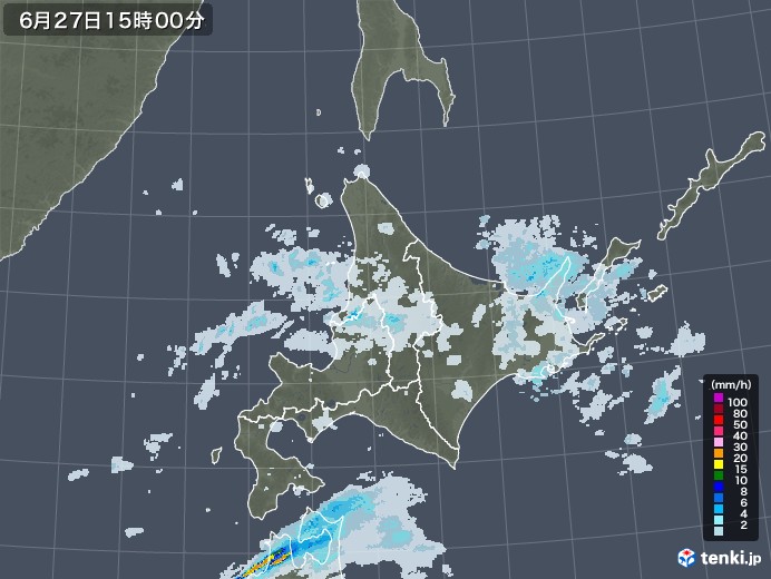 北海道地方の雨雲レーダー(2020年06月27日)