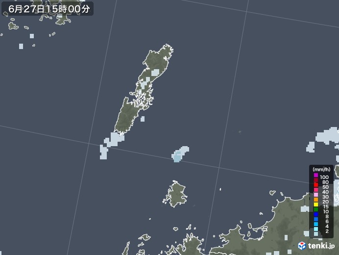 壱岐・対馬(長崎県)の雨雲レーダー(2020年06月27日)