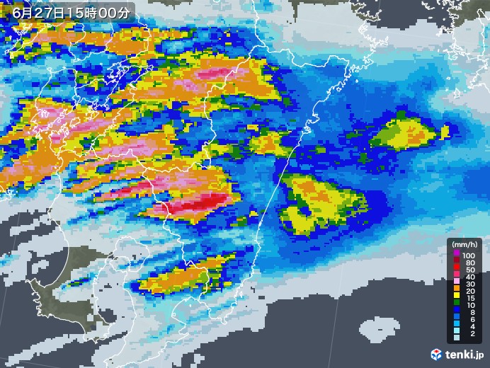 宮崎県の雨雲レーダー(2020年06月27日)