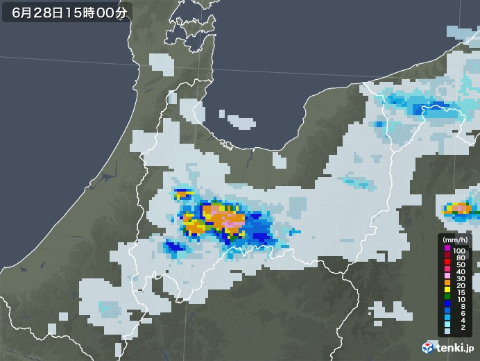 富山県の雨雲レーダー(2020年06月28日)