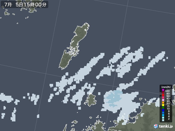 壱岐・対馬(長崎県)の雨雲レーダー(2020年07月05日)