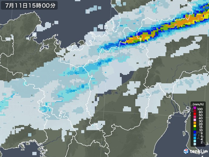 滋賀県の雨雲レーダー(2020年07月11日)