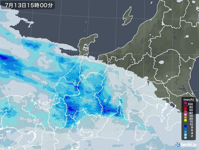 北陸地方の雨雲レーダー(2020年07月13日)