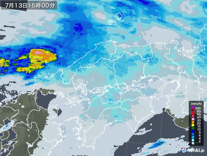 中国地方の雨雲レーダー(2020年07月13日)