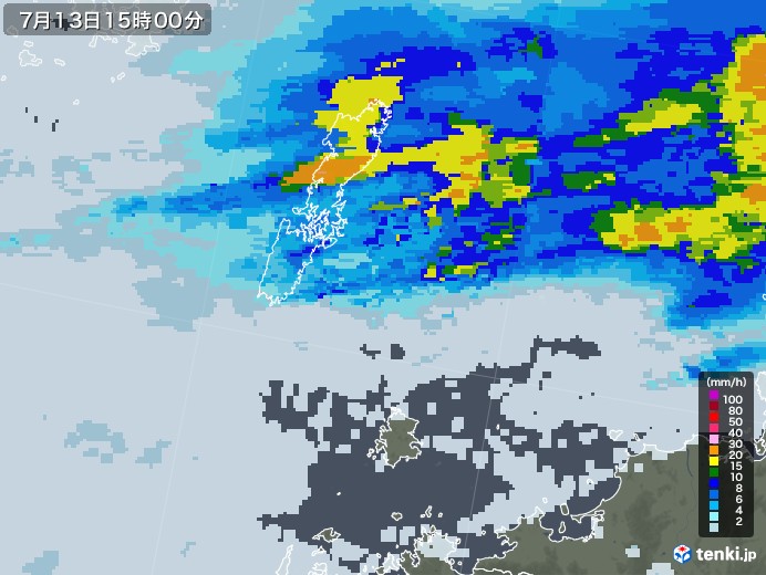 壱岐・対馬(長崎県)の雨雲レーダー(2020年07月13日)