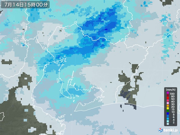 愛知県の雨雲レーダー(2020年07月14日)