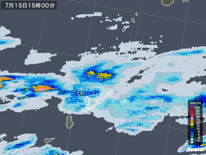 奄美諸島(鹿児島県)の雨雲レーダー(2020年07月15日)