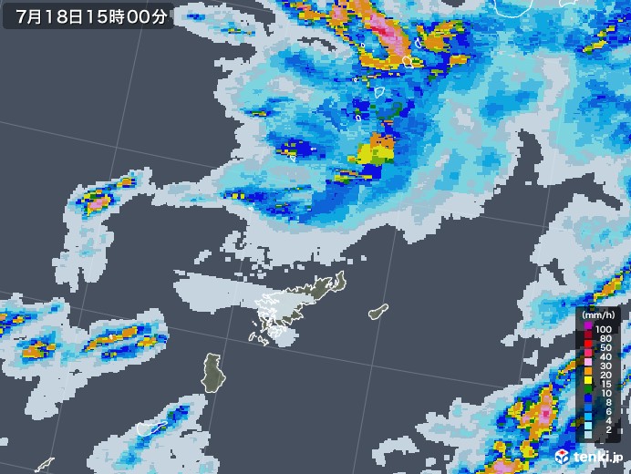奄美諸島(鹿児島県)の雨雲レーダー(2020年07月18日)