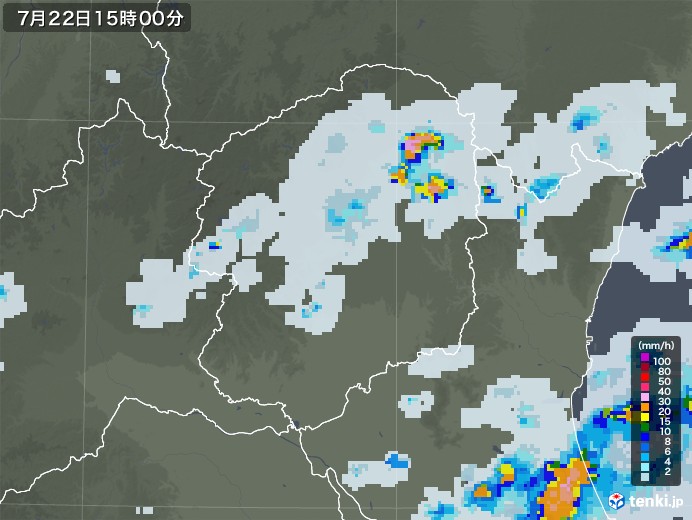 栃木県の雨雲レーダー(2020年07月22日)