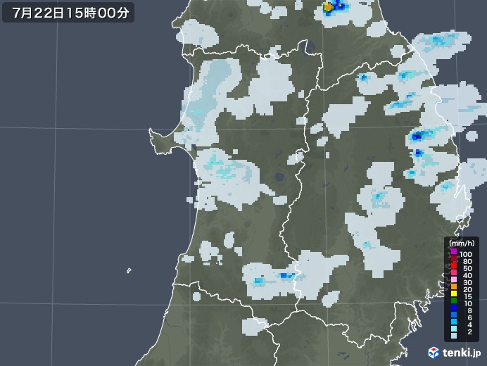秋田県の雨雲レーダー(2020年07月22日)