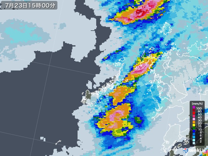 五島列島(長崎県)の雨雲レーダー(2020年07月23日)