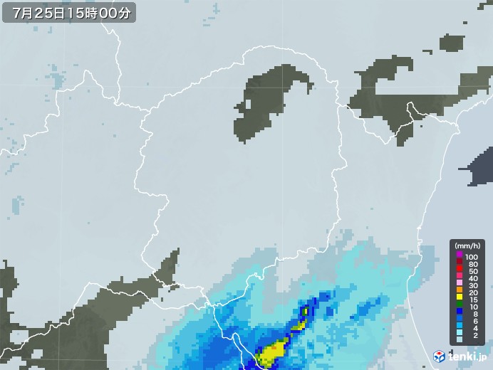 栃木県の雨雲レーダー(2020年07月25日)