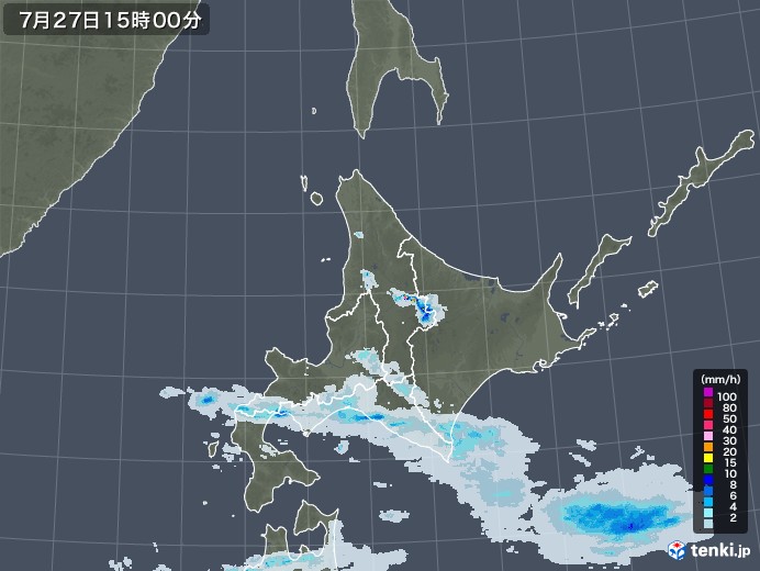 北海道地方の雨雲レーダー(2020年07月27日)