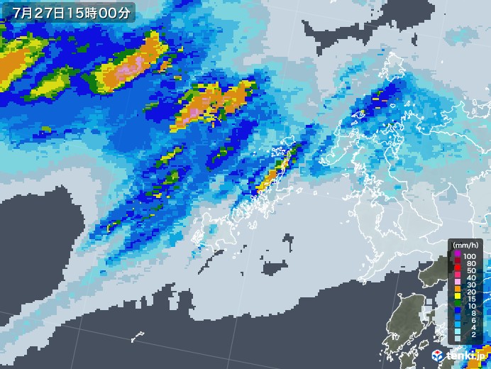 五島列島(長崎県)の雨雲レーダー(2020年07月27日)