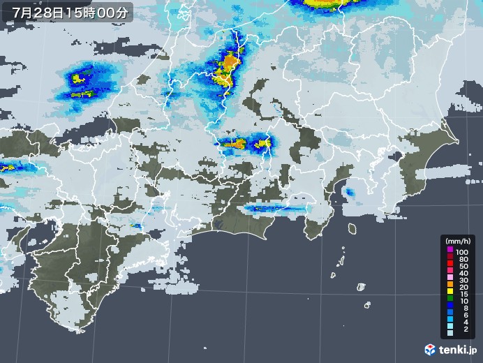 東海地方の雨雲レーダー(2020年07月28日)